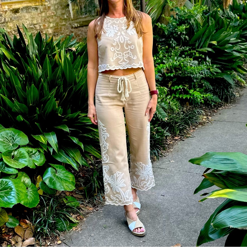 Embroidered Beige pant and top set